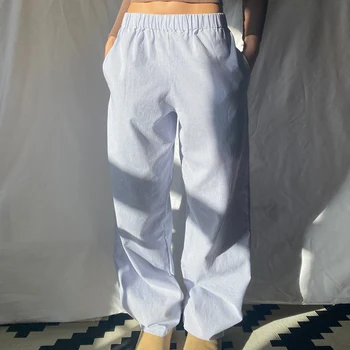Combhasaki Ženy Bežné cleanfit Pruhované Nohavice Elastický Bedrový Farbou Voľné Estetické Nohavice Streetwear s Vreckami