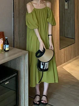 Francúzsky Popruh Mimo Ramenný Zelené Šaty Žien 2023 Lete Nové Uvoľnený Mimo Ramenný Premium Dlhé Šaty Letné Vintage Šaty