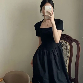 TFETTERS Značky Čierne Šaty pre Ženy, francúzsky Módny Pevné Farebné Letné Šaty Žien 2023 Nové Elegantné Námestie Golier Ženy Šaty