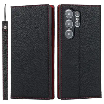 Pravej Kože Flip Book pre Samsung Galaxy S23 Ultra Peňaženky Prípade Stojan Kreditnej Karty Držiteľ Magnetickým Uzáverom Prípade S Popruh