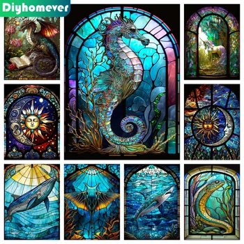 Vitráže Zvierat 5D DIY Diamond Maľovanie Mozaiky Sea Life Pixel Seahorse Výšivky Cross stitch Obraz Domova 2023 Nové